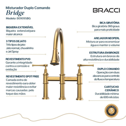 TORNEIRA DUPLO COMANDO Q/F BRIDGE DOURADO ESCOVADO
