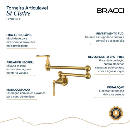 TORNEIRA PAREDE COZINHA ARTICULÁVEL ST CLAIRE DOURADO ESCOVADO