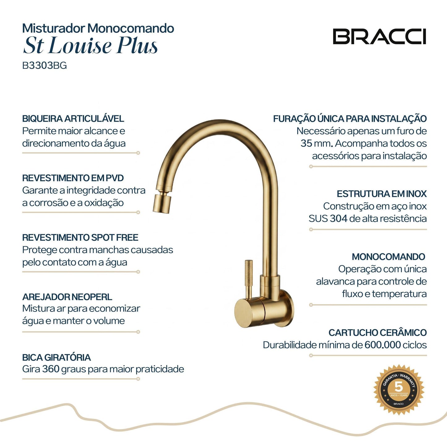 TORNEIRA PAREDE ÁGUA FRIA ST LOUISE BASIC DOURADO ESCOVADO