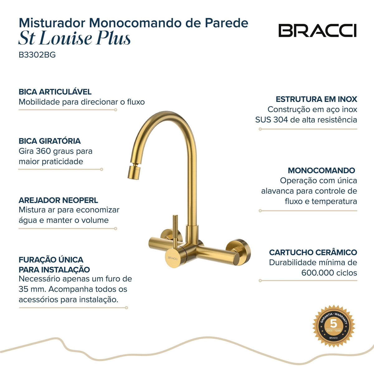 Torneira Monocomando Q/F de Parede St Louise Plus Dourado Escovado