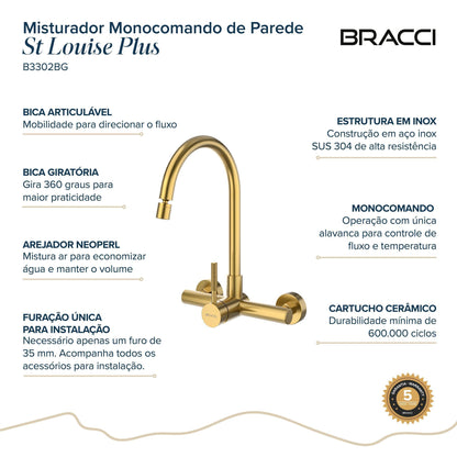 Torneira Monocomando Q/F de Parede St Louise Plus Dourado Escovado