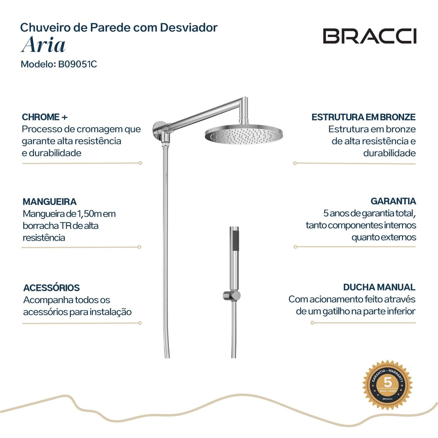 CHUVEIRO PAREDE COM DESVIADOR ARIA CROMADO