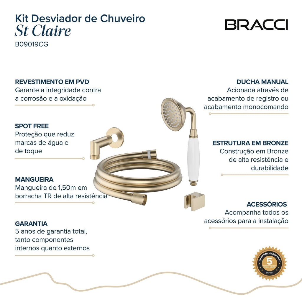 KIT DESVIADOR CHUVEIRO DE TETO CLÁSSICO CHAMPAGNE GOLD