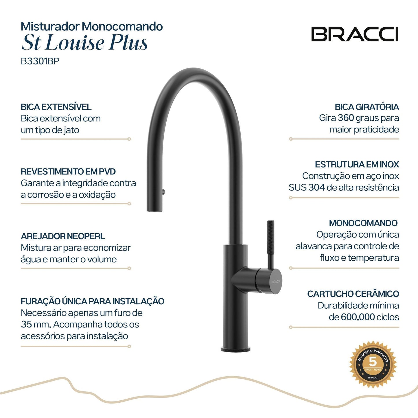 MISTURADOR MONOC PRETO PVD ST LOUISE PLUS
