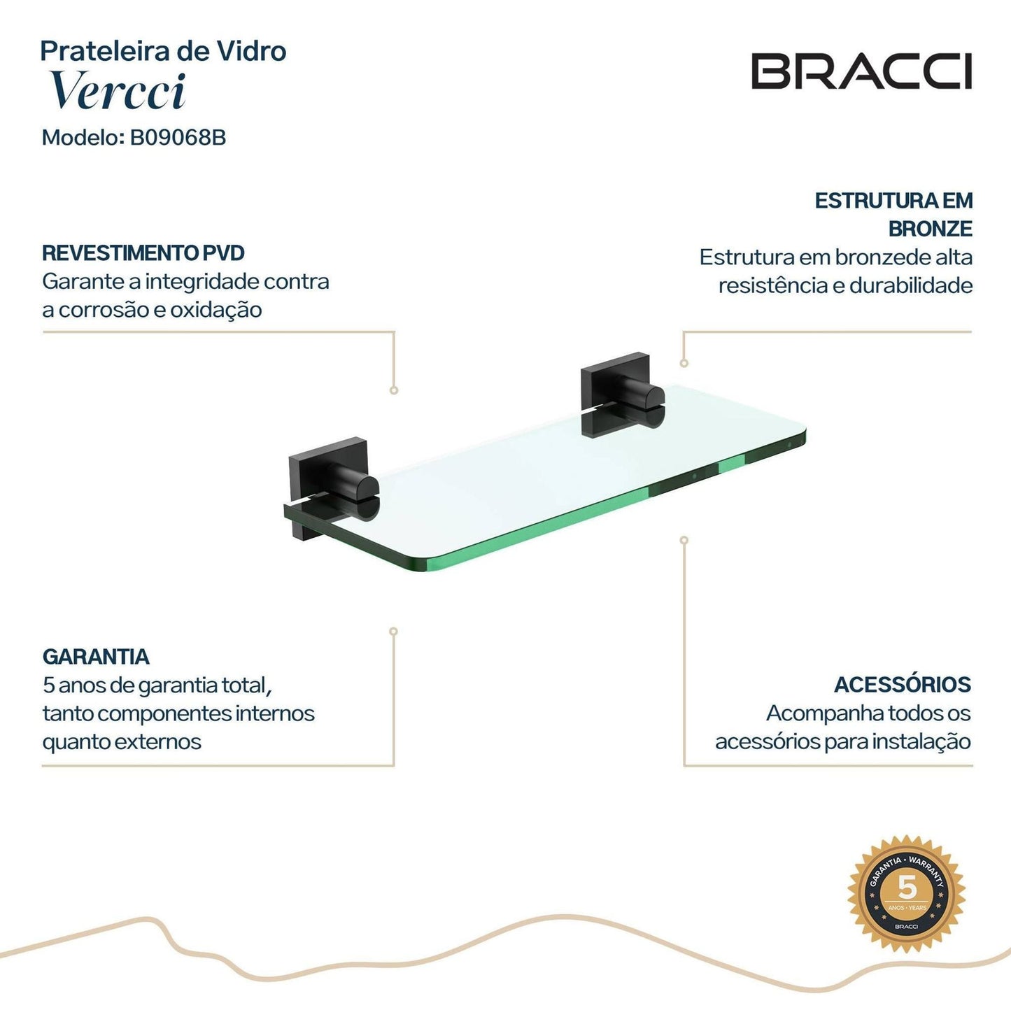 PRATELEIRA VIDRO VERCCI PRETO FOSCO 30CM