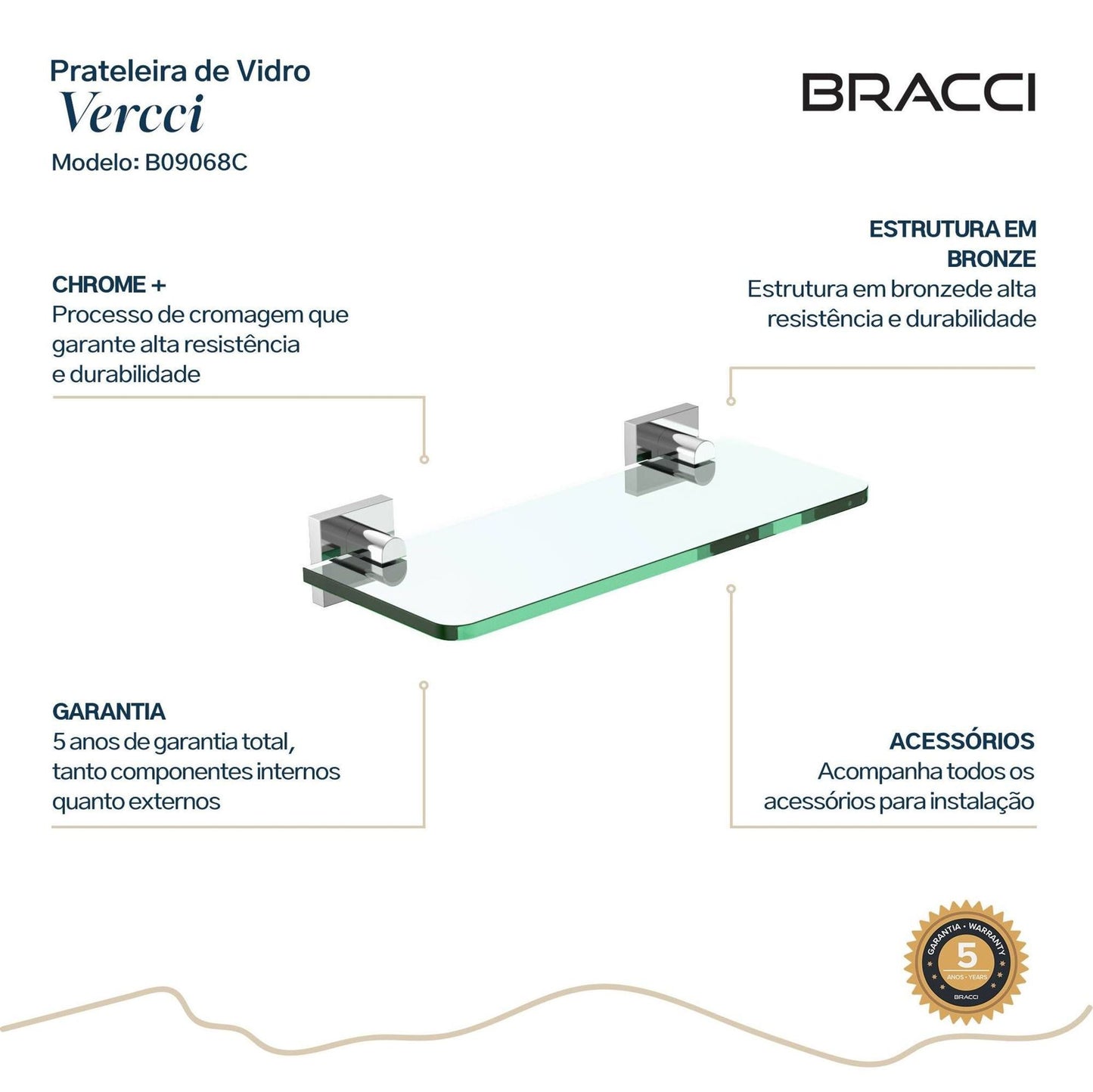 PRATELEIRA VIDRO VERCCI CROMADO 30CM