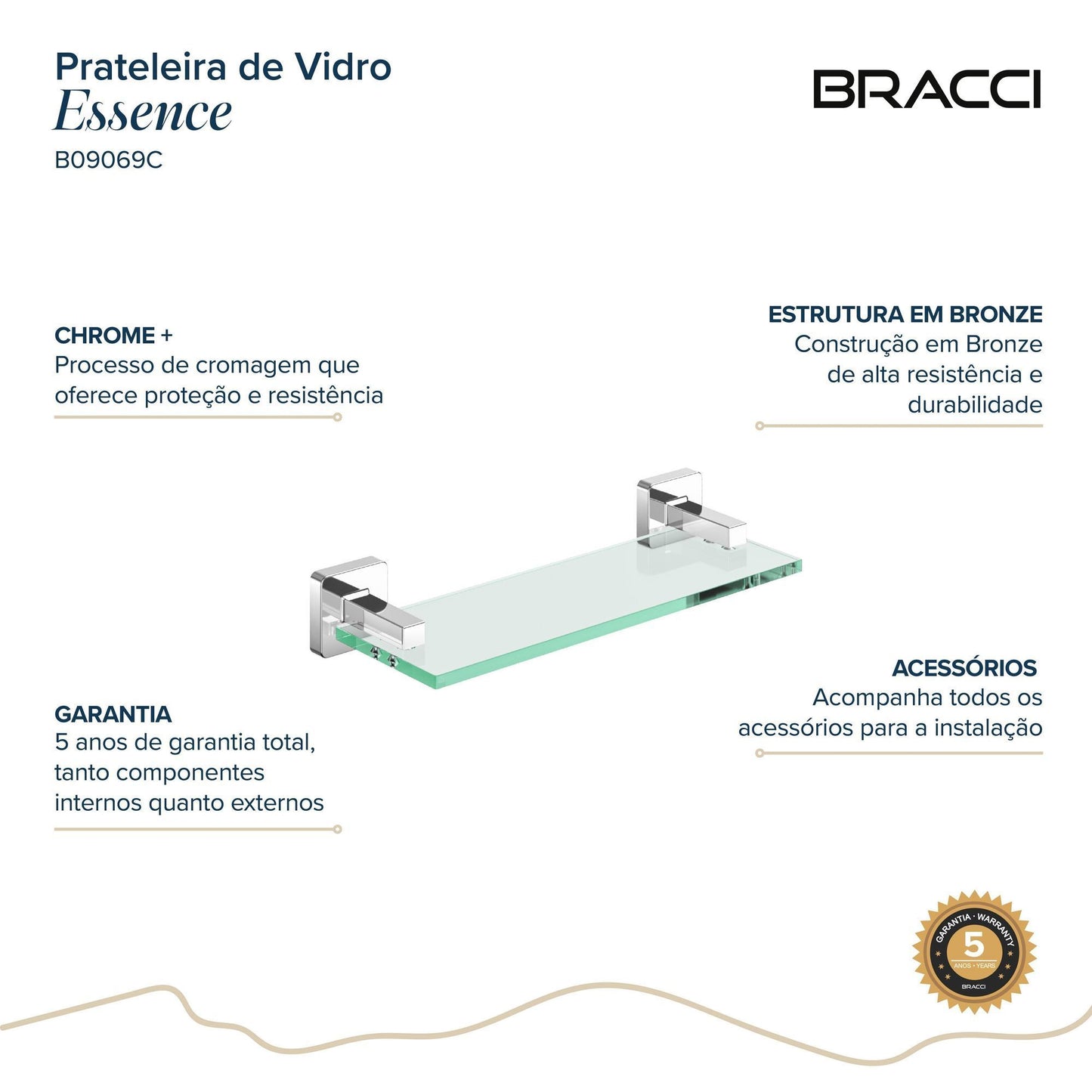 PRATELEIRA VIDRO ESSENCE CROMADO 30CM
