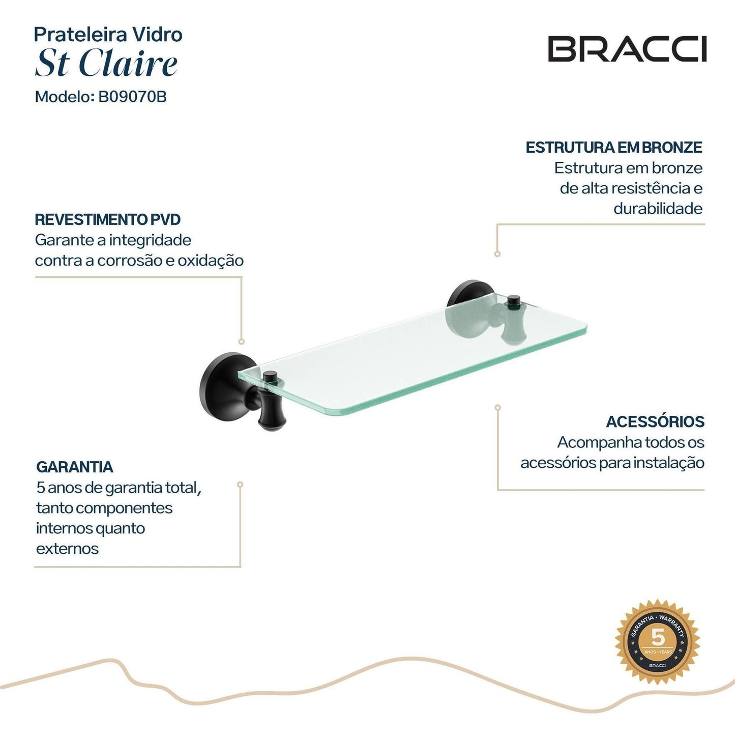 PRATELEIRA VIDRO ST CLAIRE PRETO 30CM