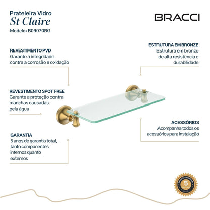 PRATELEIRA VIDRO ST CLAIRE DOURADO ESCOVADO 30CM
