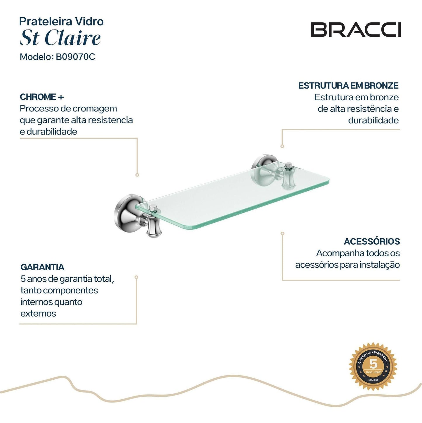 PRATELEIRA VIDRO ST CLAIRE CROMADO 30CM