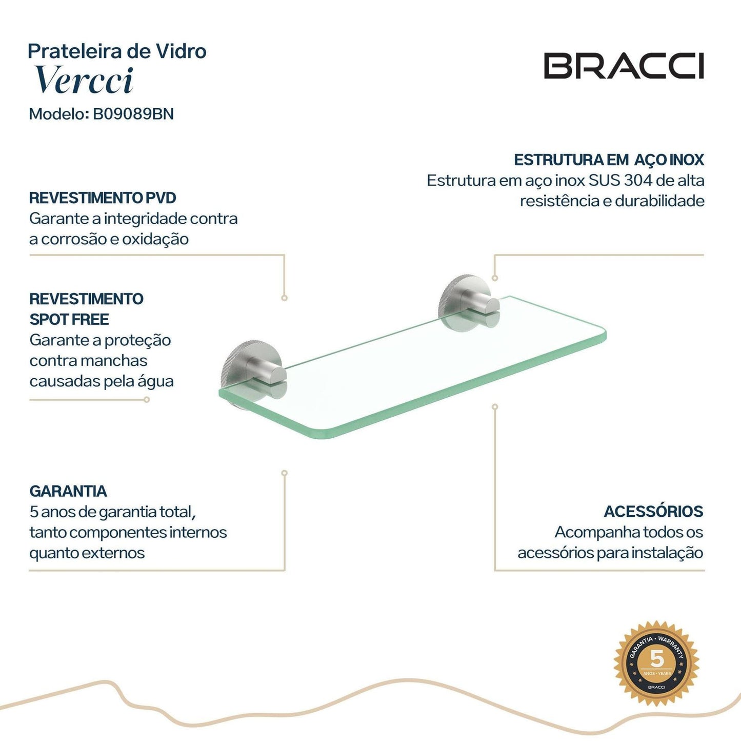 PRATELEIRA VIDRO ARIA AÇO ESCOVADO 30CM