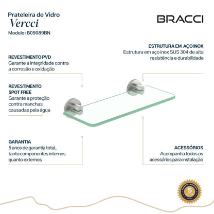 PRATELEIRA VIDRO ARIA AÇO ESCOVADO 30CM