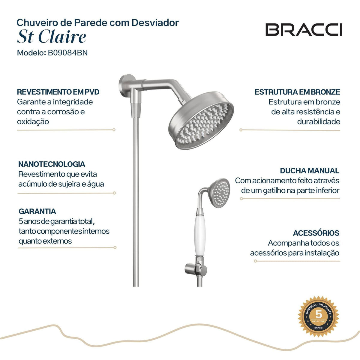 CHUVEIRO ST CLAIRE COM DESVIADOR AÇO ESCOVADO