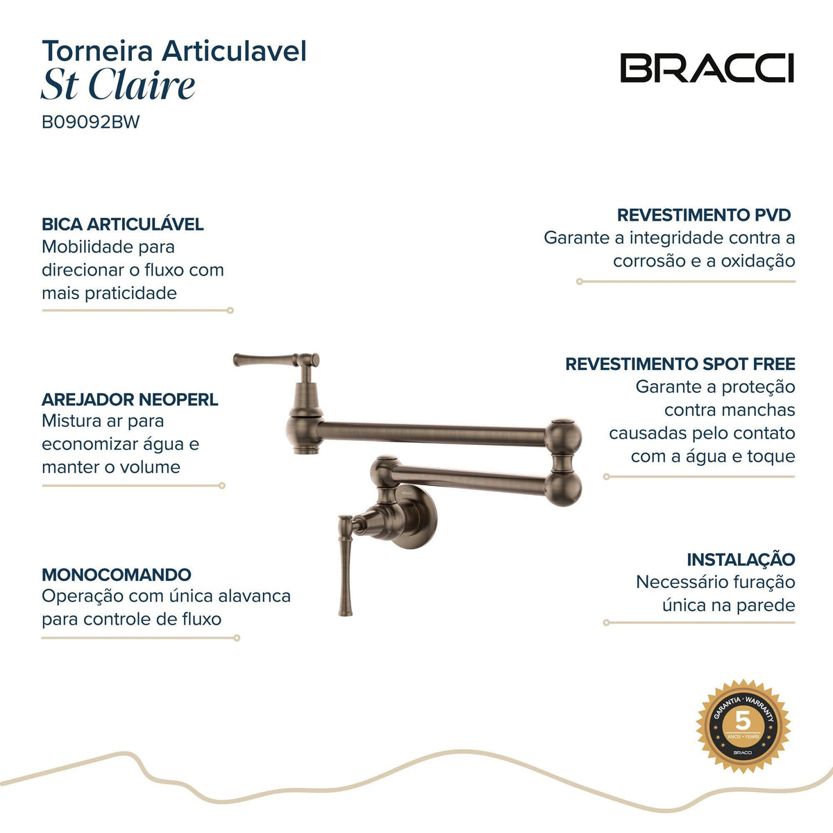 TORNEIRA PAREDE COZINHA ARTICULÁVEL ST CLAIRE BRONZE ESCOVADO