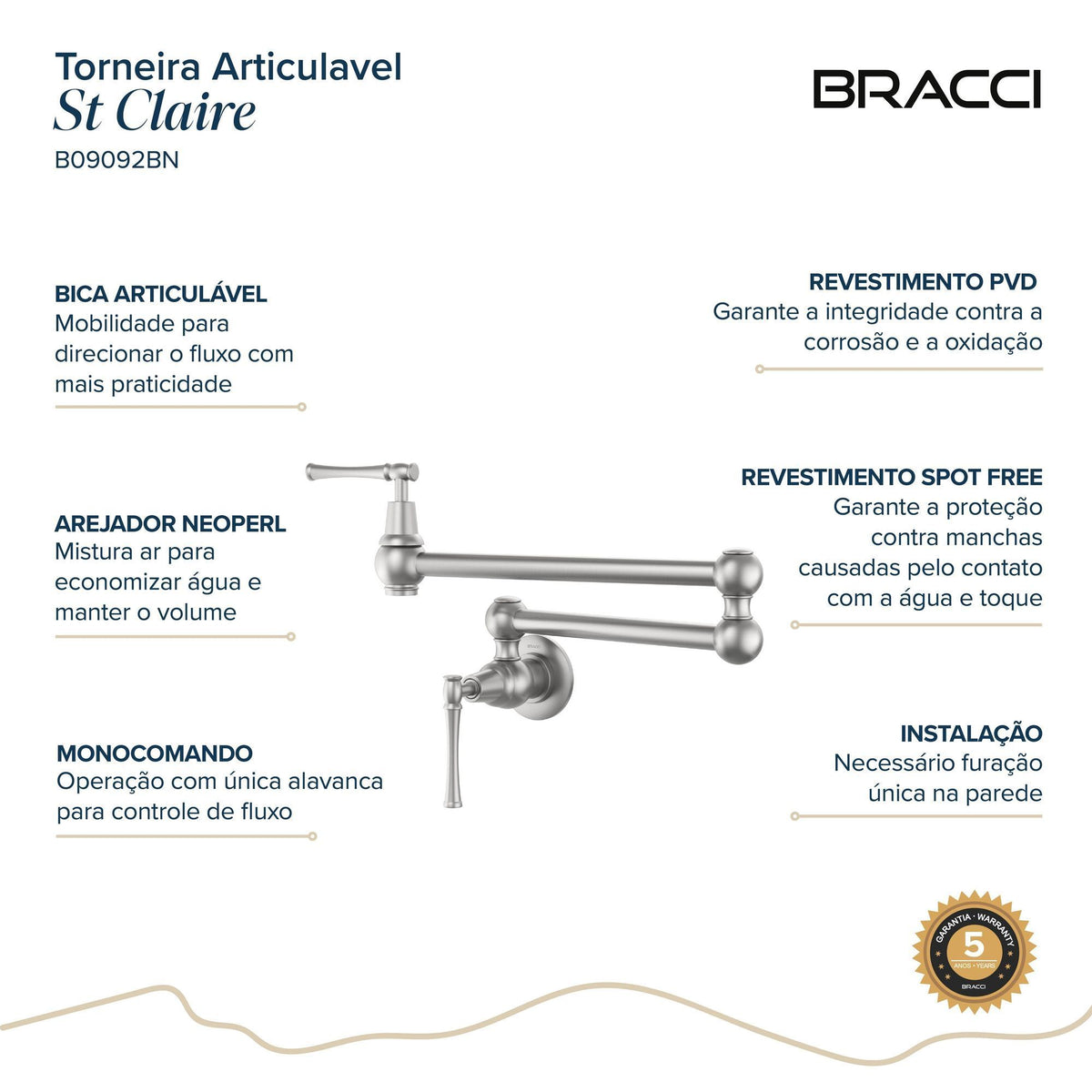 TORNEIRA PAREDE COZINHA ARTICULÁVEL ST CLAIRE AÇO ESCOVADO
