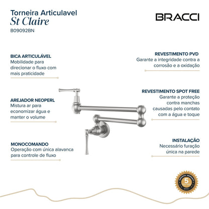TORNEIRA PAREDE COZINHA ARTICULÁVEL ST CLAIRE AÇO ESCOVADO