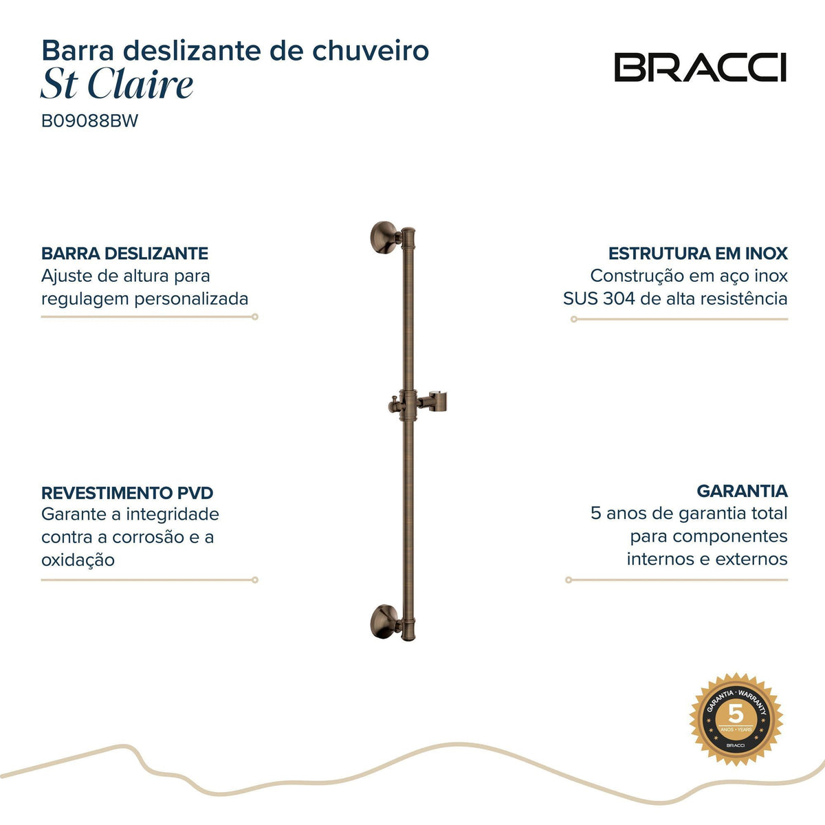 BARRA DESLIZANTE CHUVEIRO ST CLAIRE BRONZE ESCOVADO