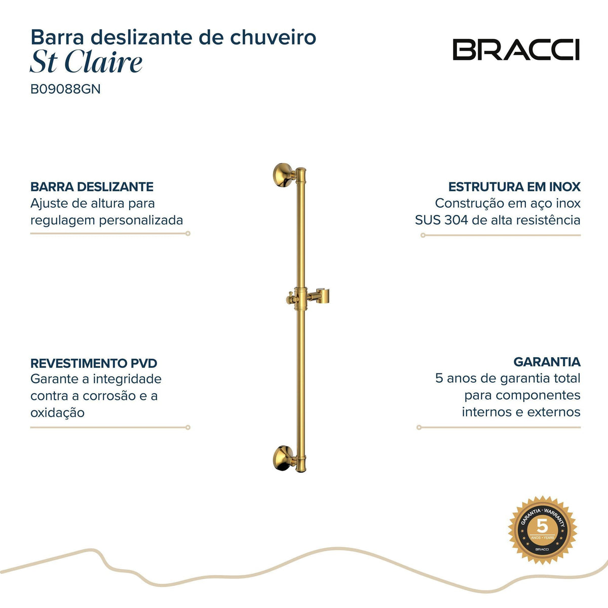 BARRA DESLIZANTE CHUVEIRO ST CLAIRE DOURADO NANOTECNOLOGIA