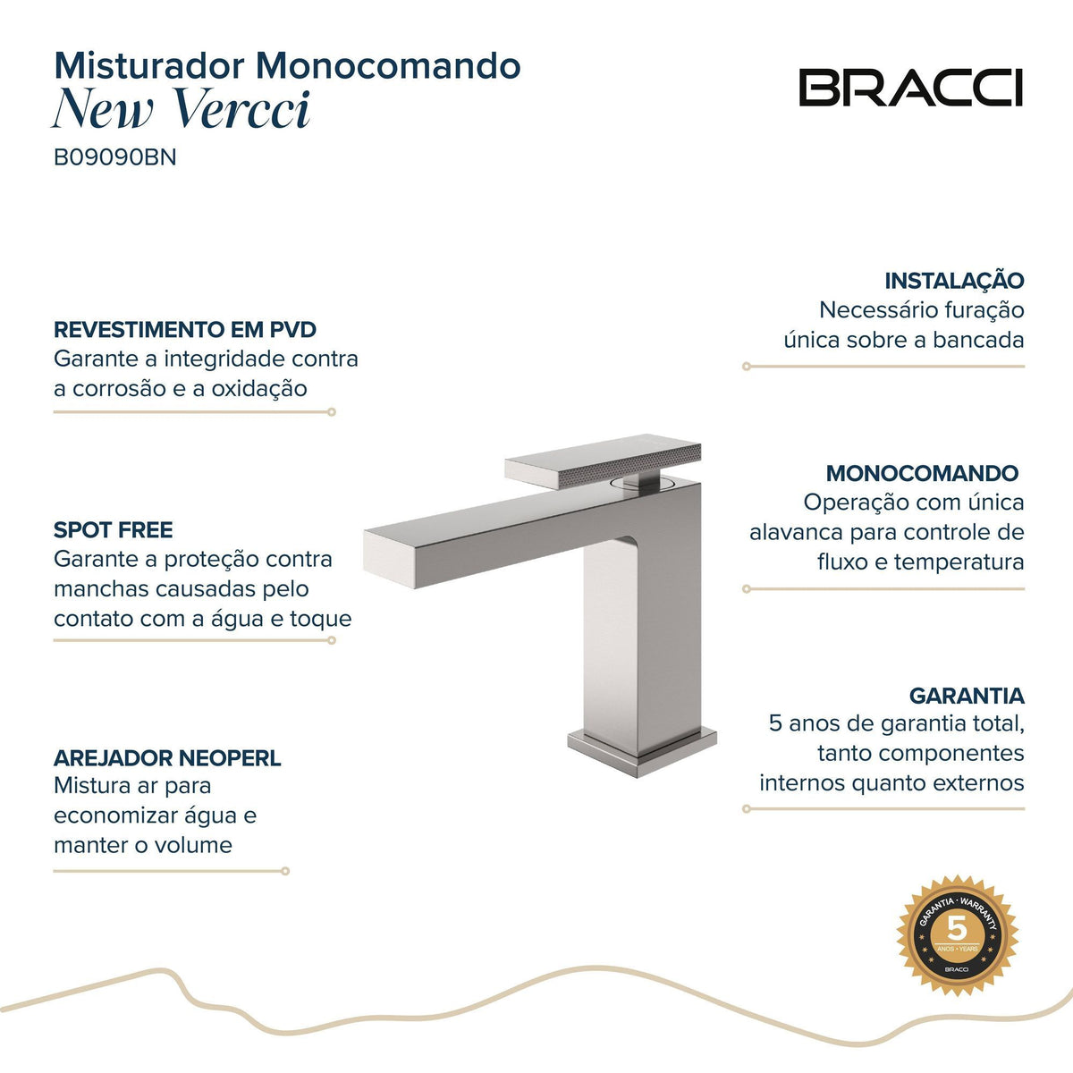 Misturador Monocomando Vercci Max Baixo Aço Escovado