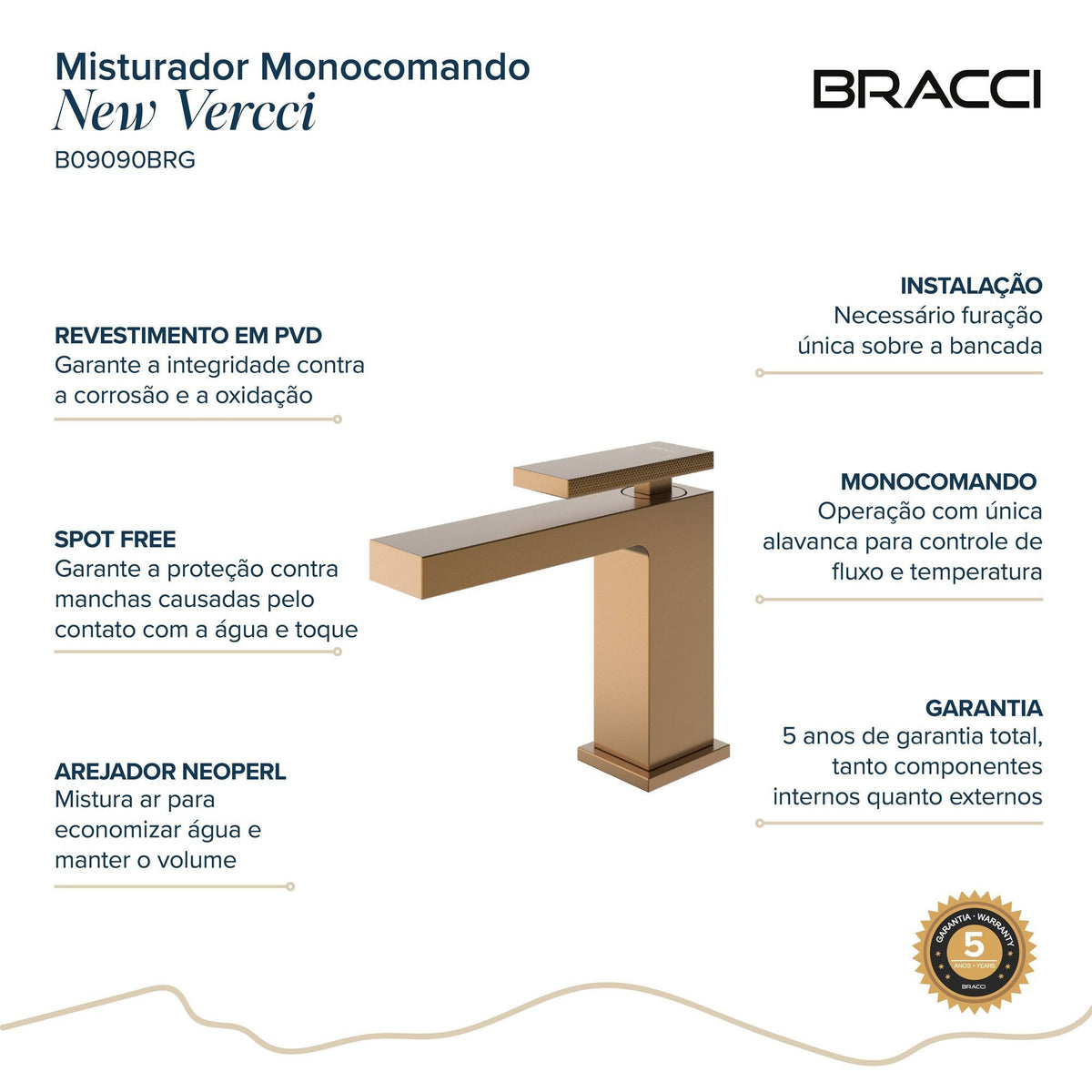 Misturador Monocomando Vercci Max Baixo Rose Escovado