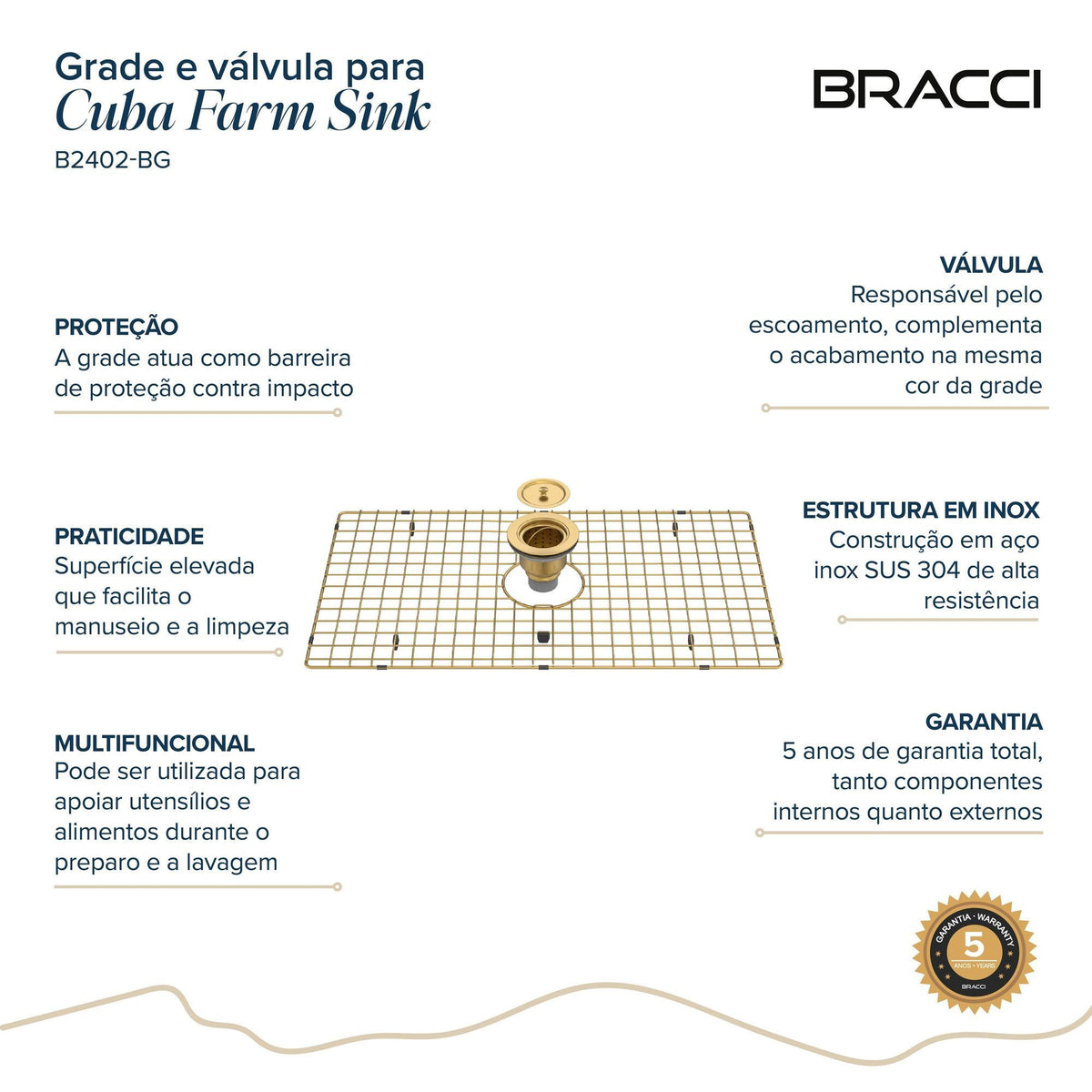 KIT GRADE E VÁLVULA DOURADO ESCOVADO PARA CUBA B2402