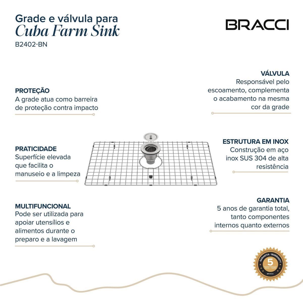 KIT GRADE E VÁLVULA AÇO ESCOVADO PARA CUBA B2402