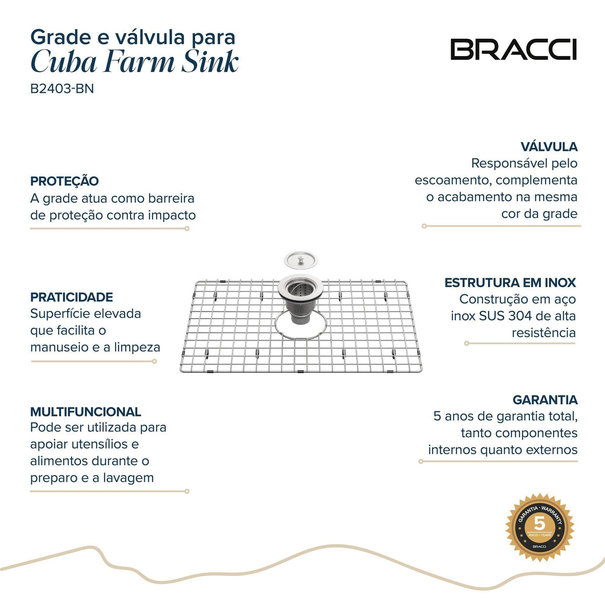 KIT GRADE E VÁLVULA AÇO ESCOVADO PARA CUBA B2403