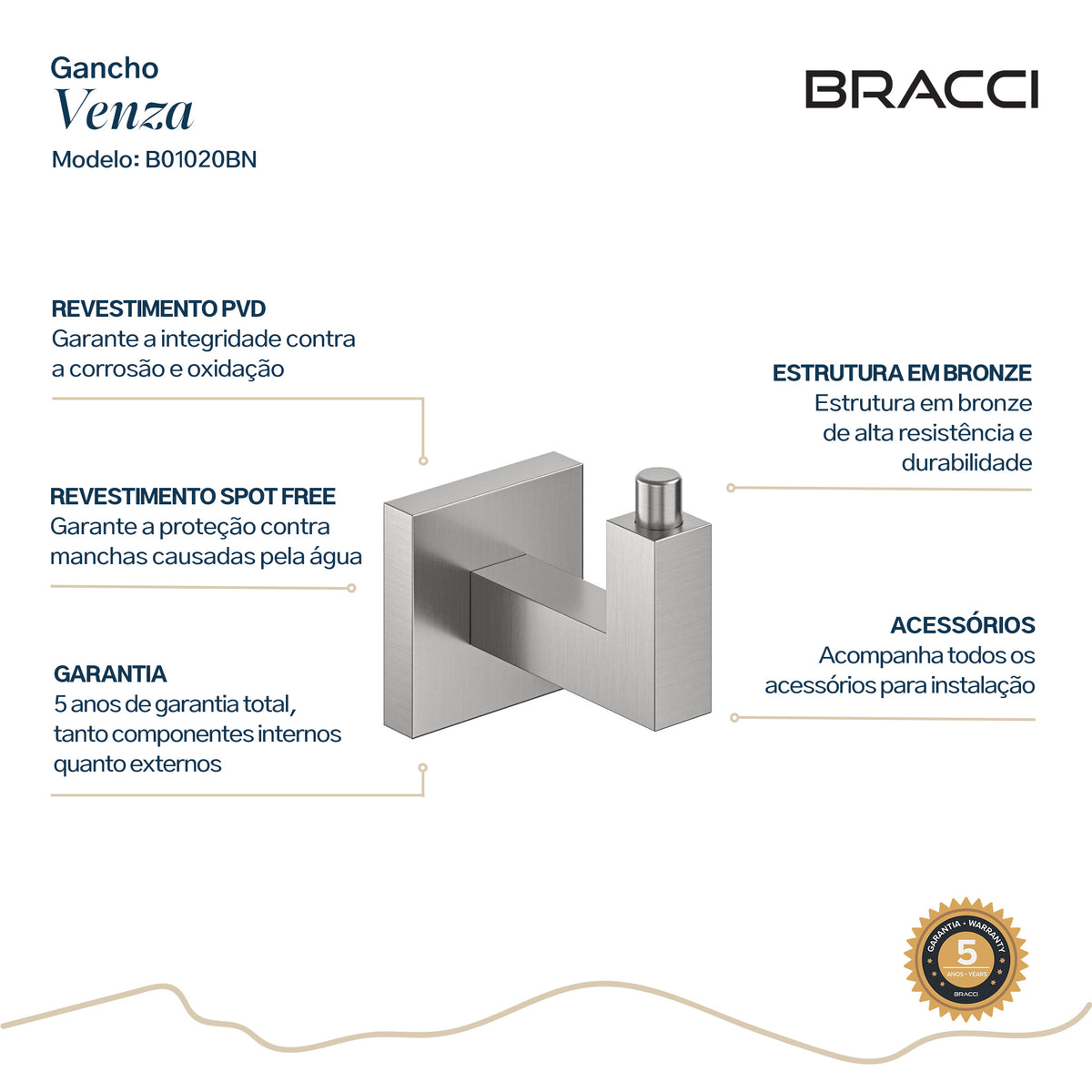 GANCHO SIMPLES AÇO ESCOVADO VENZA