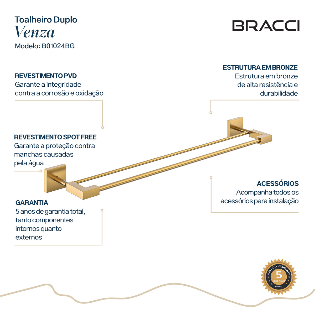 TOALHEIRO DUPLO DOURADO ESCOVADO VENZA
