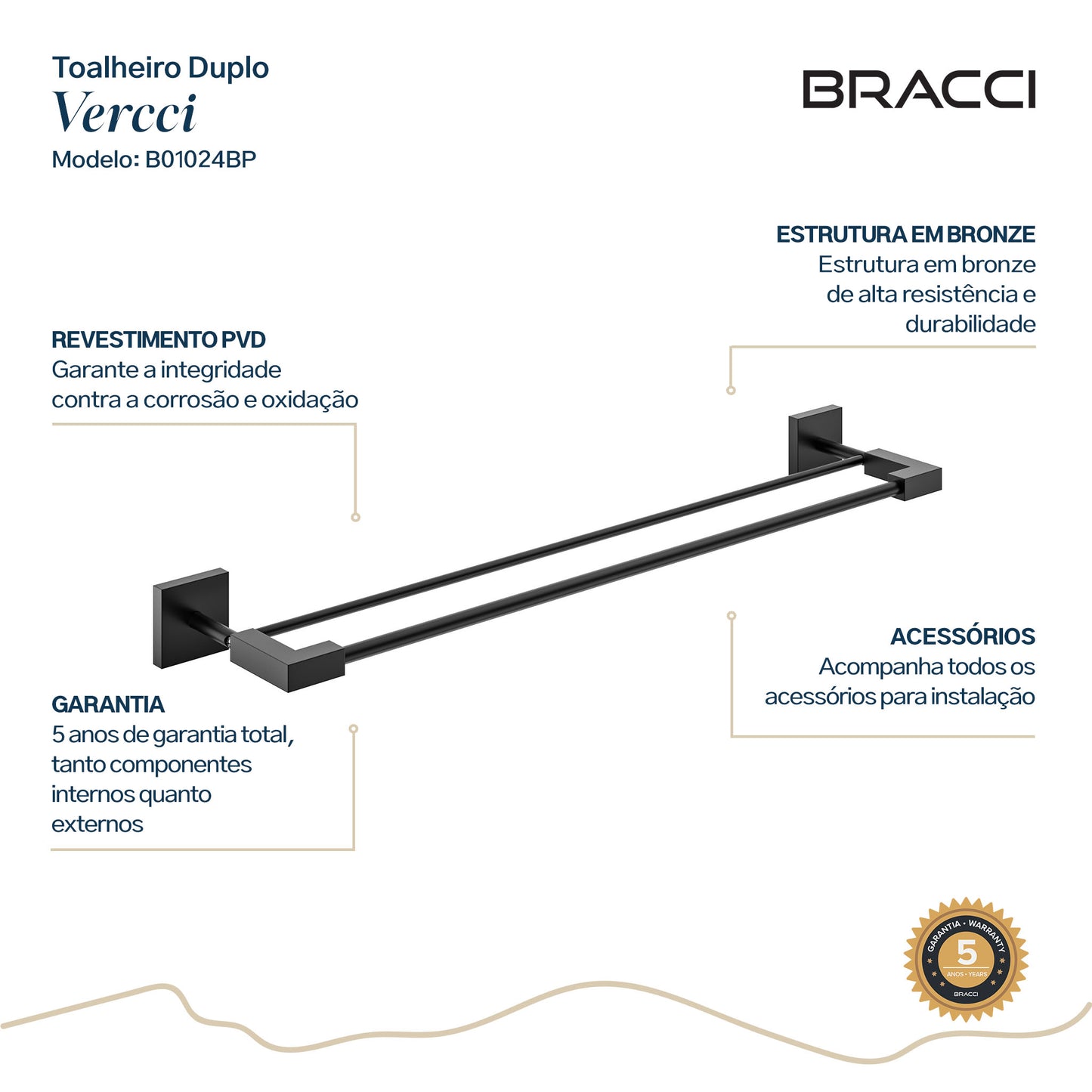 TOALHEIRO DUPLO PRETO FOSCO VERCCI PVD