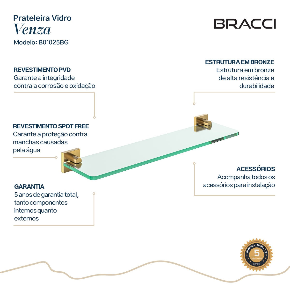 PRATELEIRA VIDRO DOURADO ESCOVADO VENZA