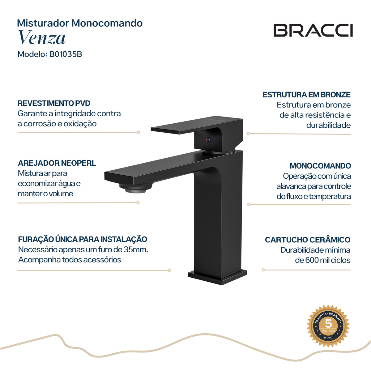 TORNEIRA MONOCOMANDO Q/F VENZA SLIM BAIXO PRETO