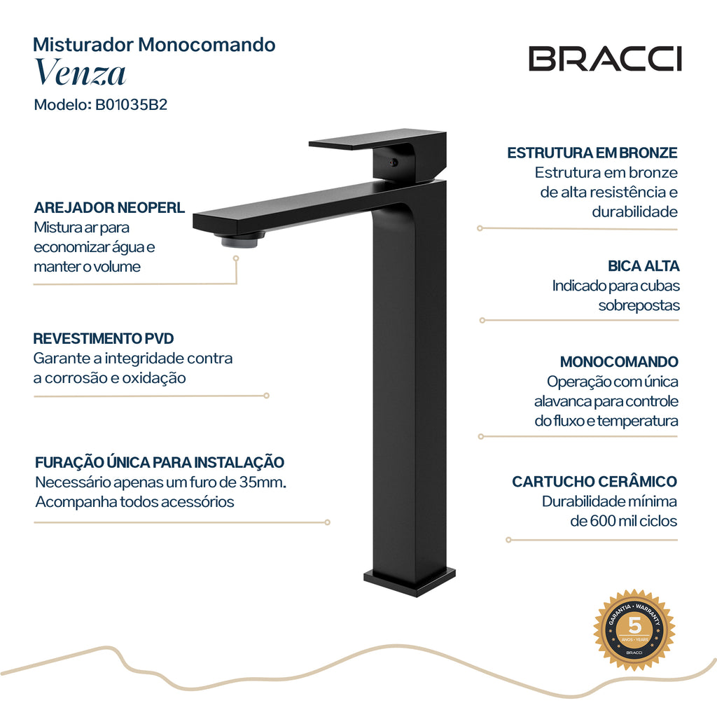 TORNEIRA MONOCOMANDO Q/F VENZA SLIM ALTO PRETO