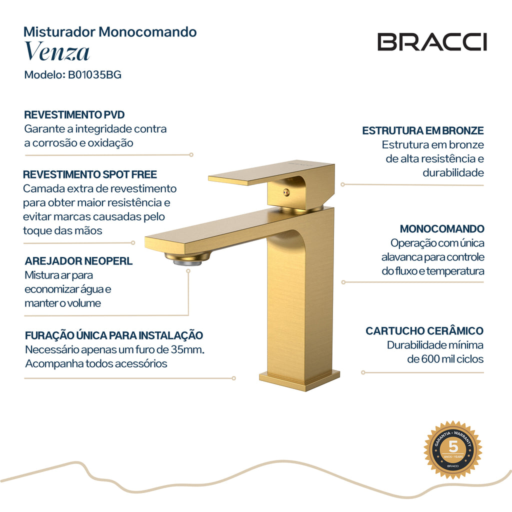 TORNEIRA MONOCOMANDO Q/F VENZA SLIM BAIXO DOURADO ESCOVADO