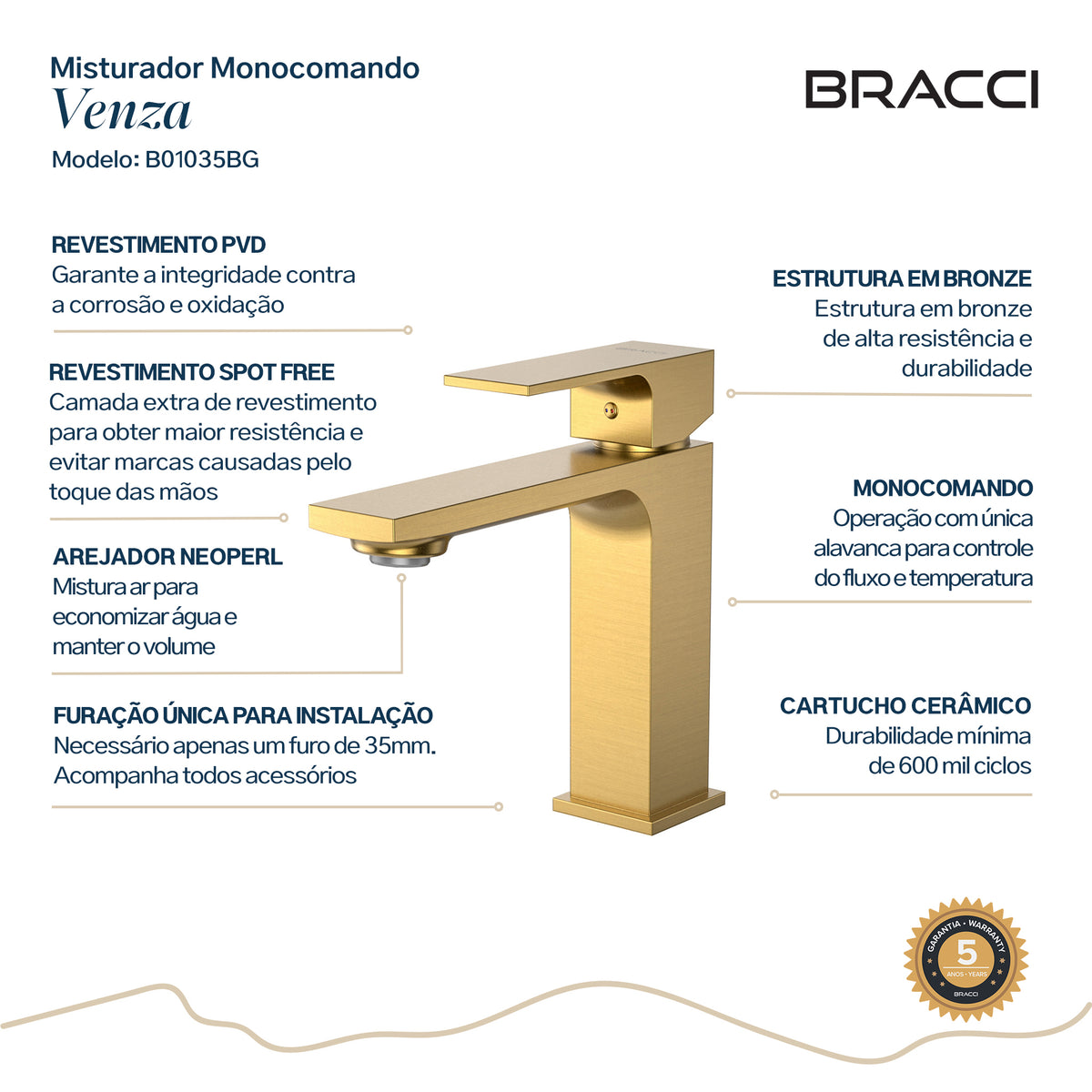 TORNEIRA MONOCOMANDO Q/F VENZA SLIM BAIXO DOURADO ESCOVADO