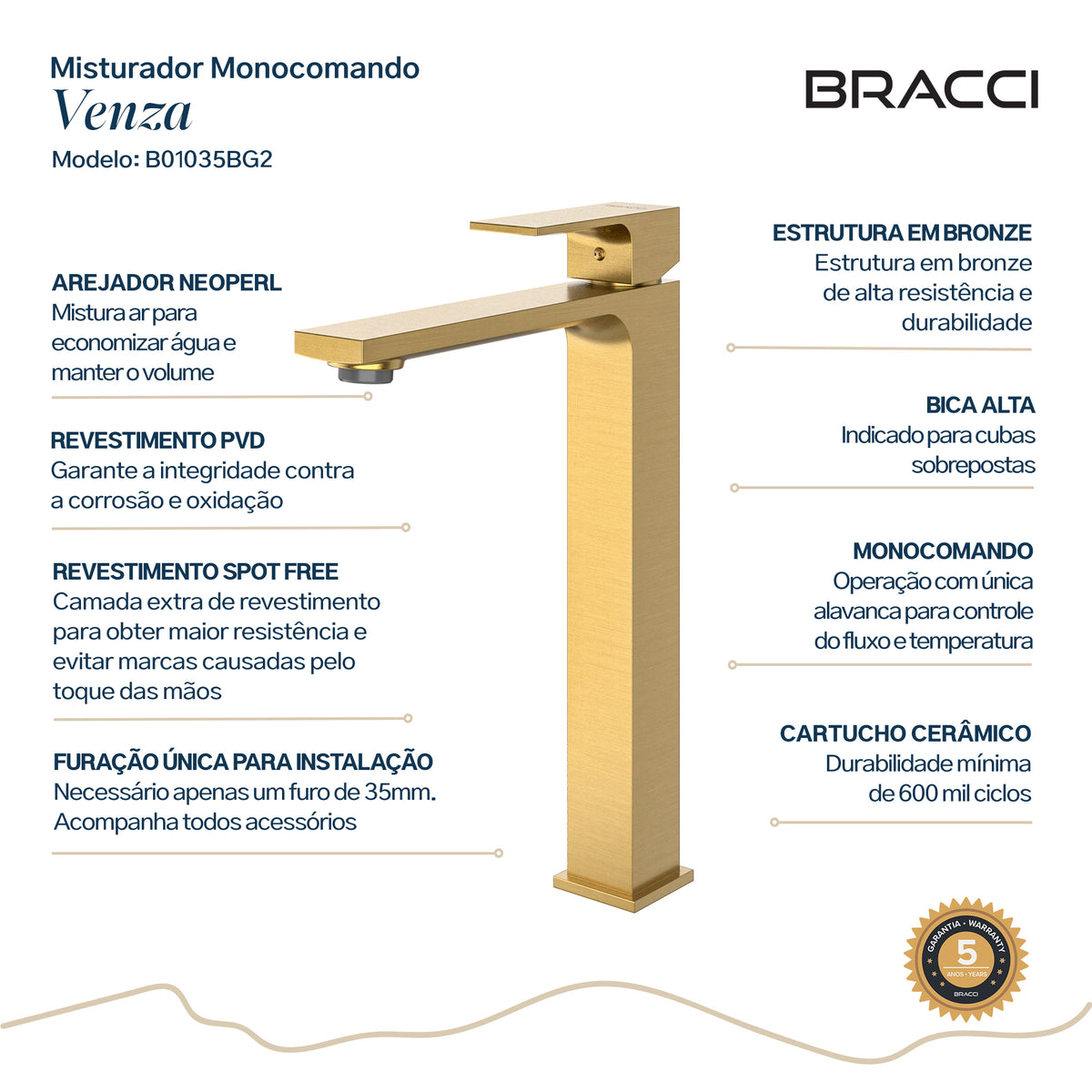 TORNEIRA MONOCOMANDO Q/F VENZA SLIM ALTO DOURADO ESCOVADO