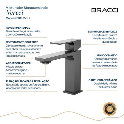 TORNEIRA MONOCOMANDO Q/F VERCCI SLIM BAIXO GRAFITE ESCOVADO