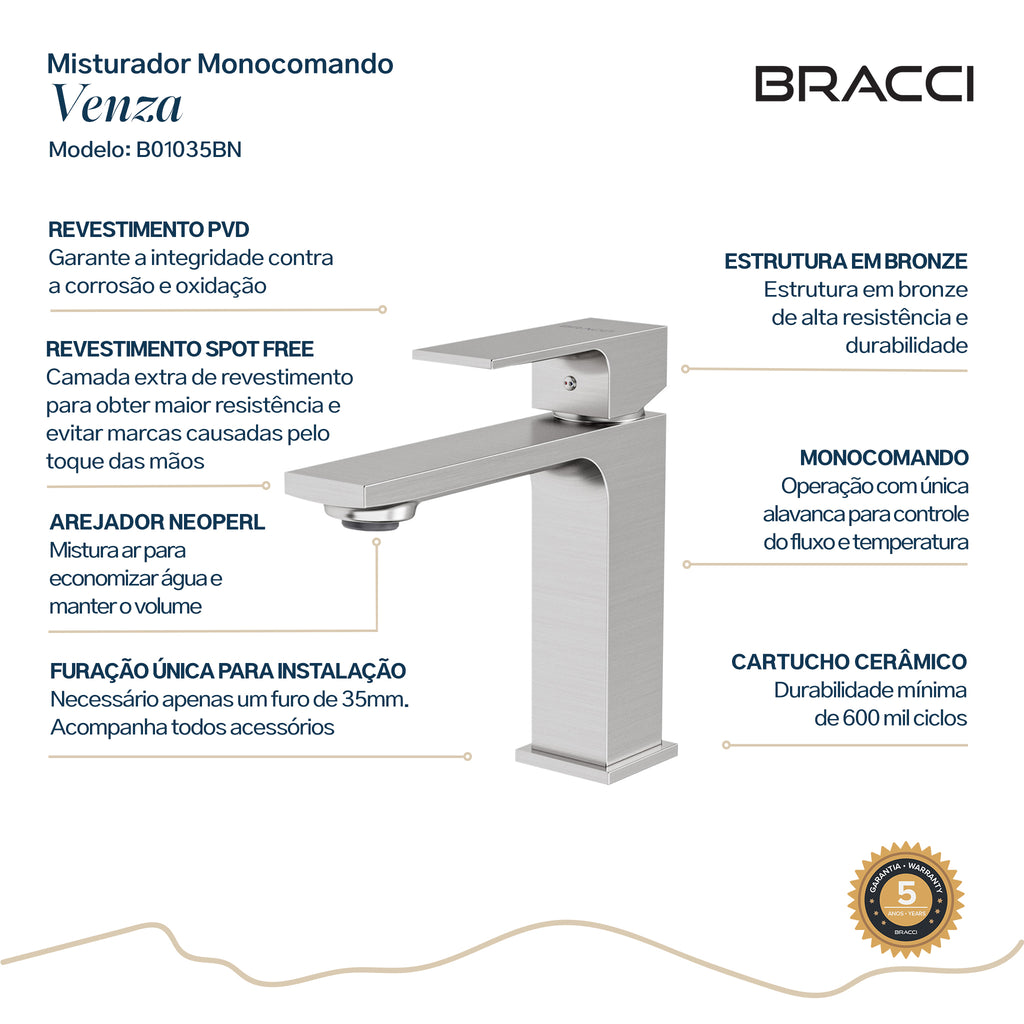 TORNEIRA MONOCOMANDO Q/F VENZA SLIM BAIXO AÇO ESCOVADO