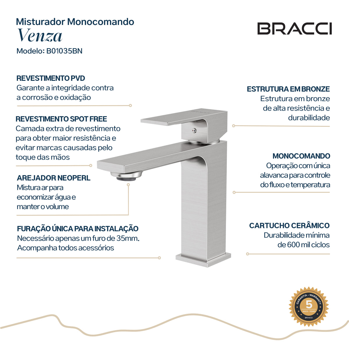 TORNEIRA MONOCOMANDO Q/F VENZA SLIM BAIXO AÇO ESCOVADO