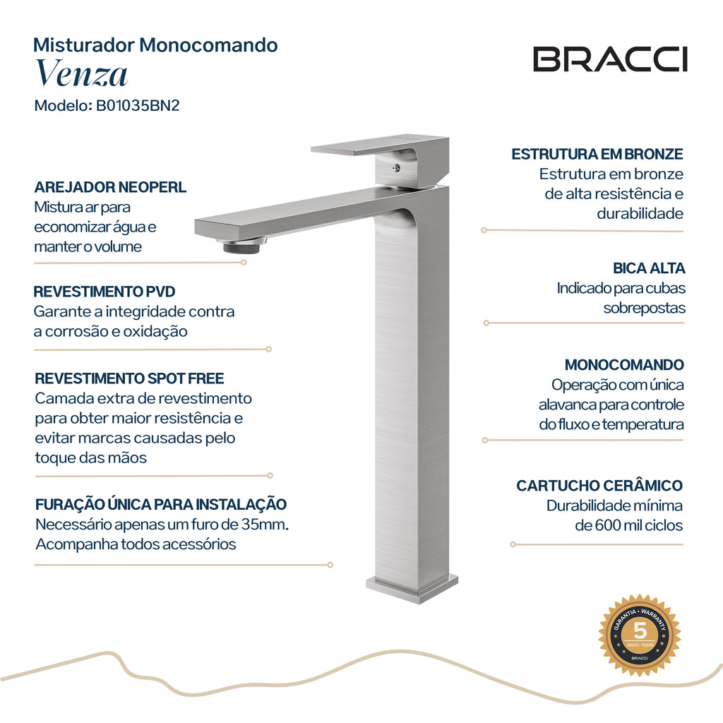 TORNEIRA MONOCOMANDO Q/F VENZA SLIM ALTO AÇO ESCOVADO