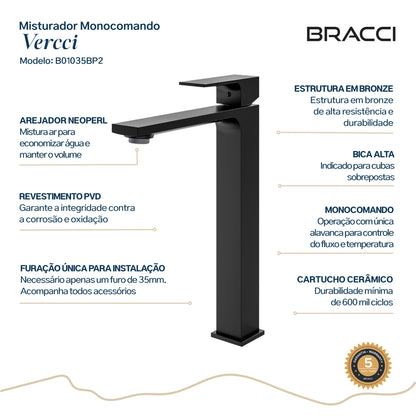 TORNEIRA MONOCOMANDO Q/F VERCCI SLIM ALTO PRETO