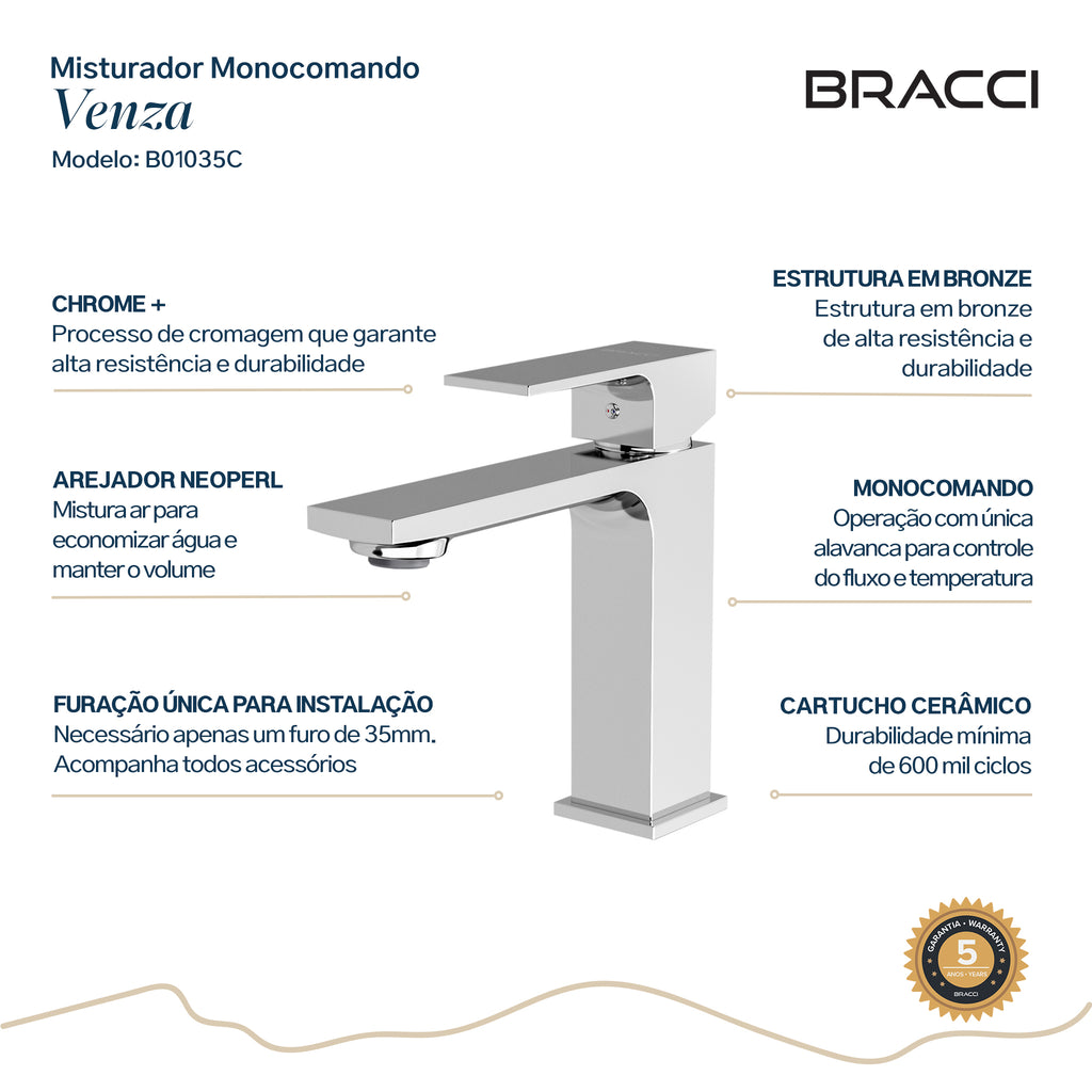 TORNEIRA MONOCOMANDO Q/F VENZA SLIM BAIXO CROMADO