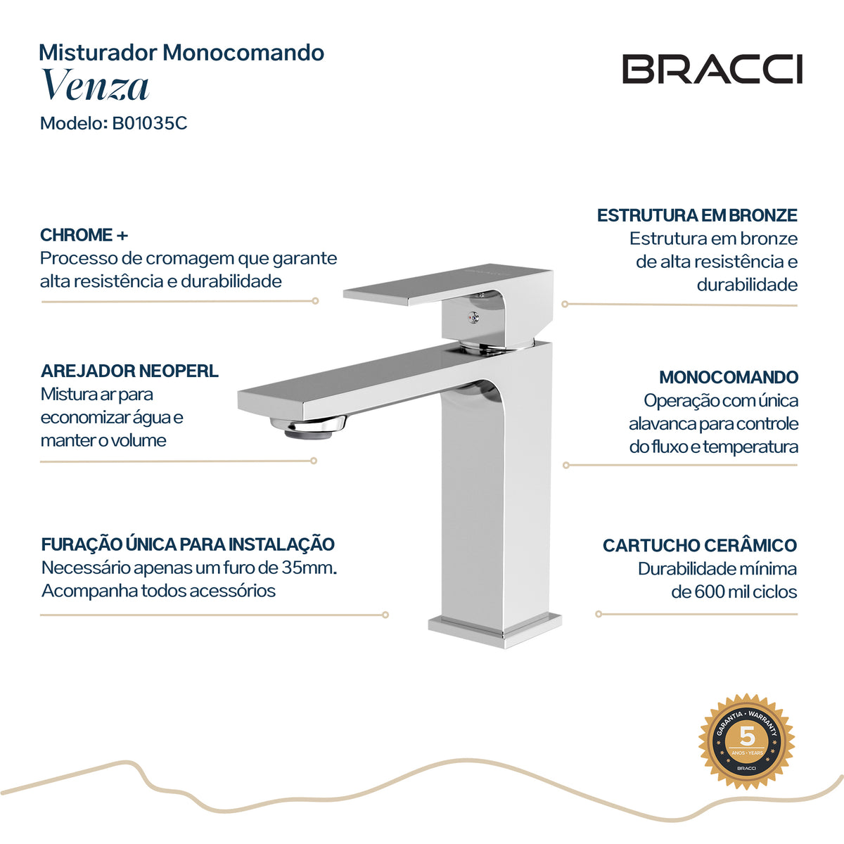 TORNEIRA MONOCOMANDO Q/F VENZA SLIM BAIXO CROMADO