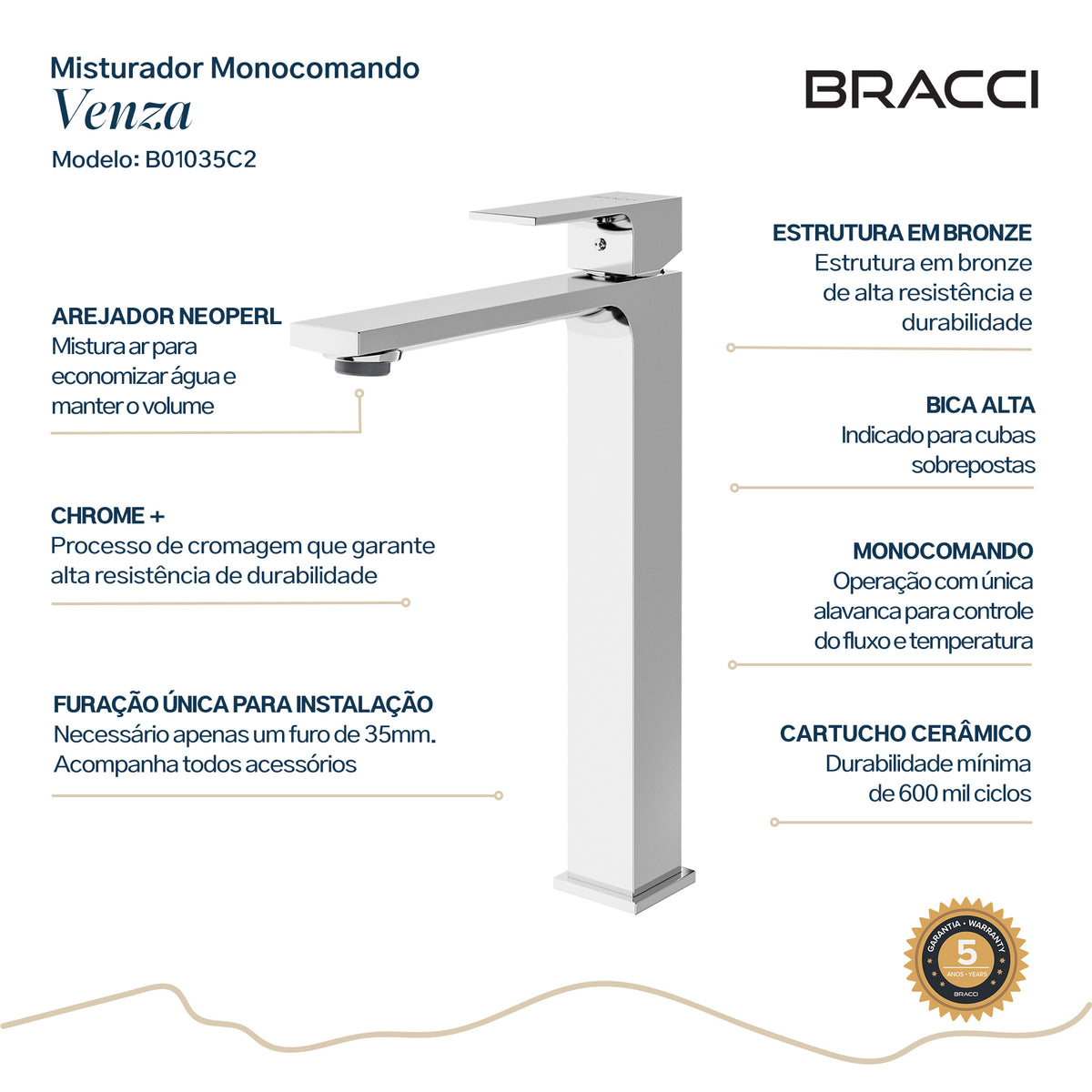 TORNEIRA MONOCOMANDO Q/F VENZA SLIM ALTO CROMADO