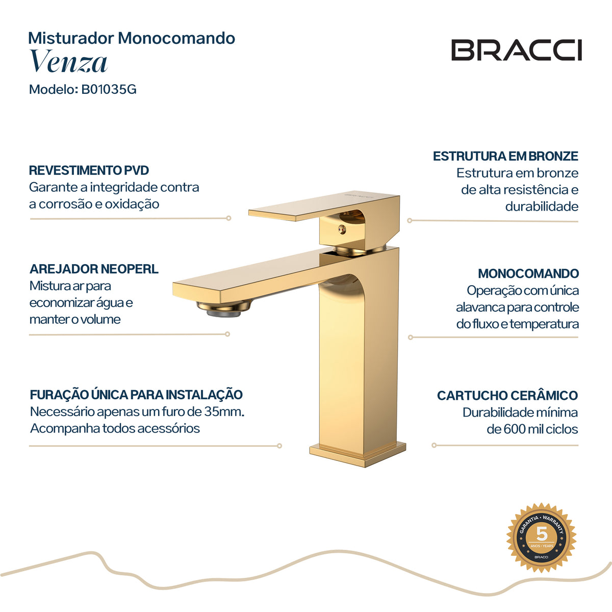 TORNEIRA MONOCOMANDO Q/F VENZA SLIM BAIXO DOURADO