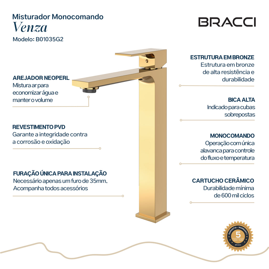 TORNEIRA MONOCOMANDO Q/F VENZA SLIM ALTO DOURADO