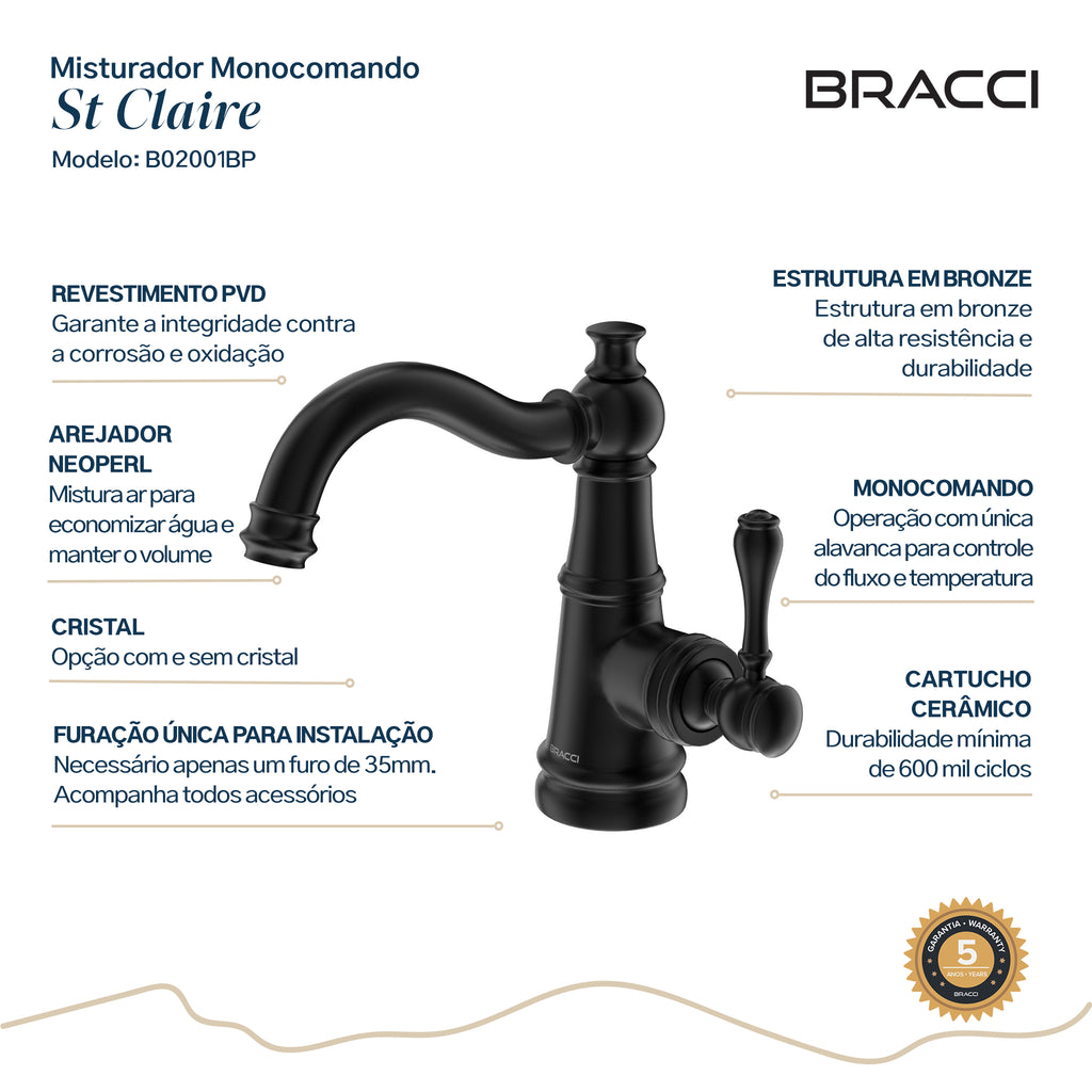 TORNEIRA MONOCOMANDO Q/F ST CLAIRE  PRETO PVD