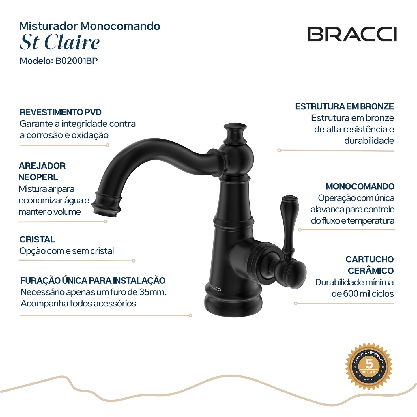 TORNEIRA MONOCOMANDO Q/F ST CLAIRE  PRETO PVD