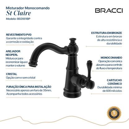 TORNEIRA MONOCOMANDO Q/F ST CLAIRE  PRETO PVD