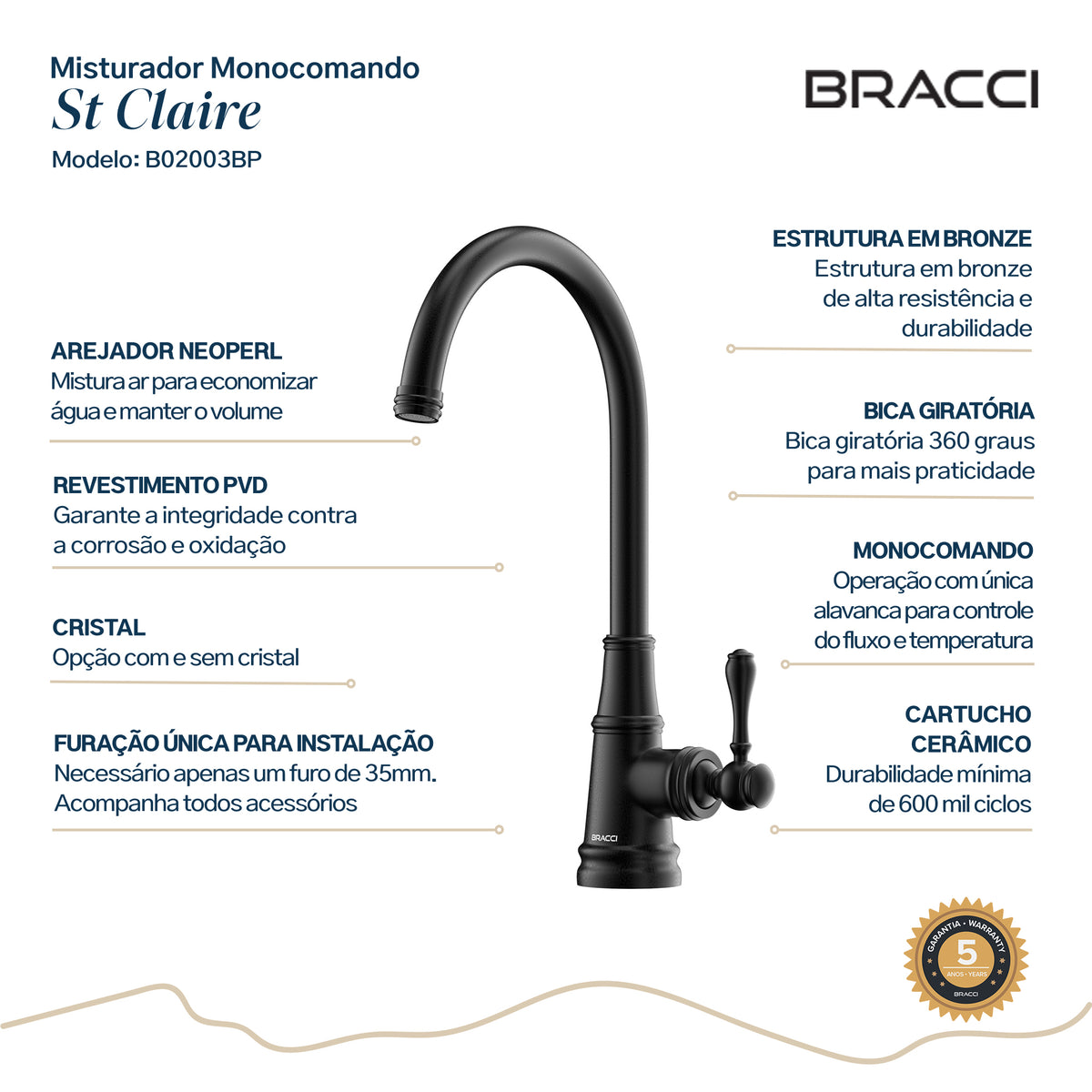 TORNEIRA MONOCOMANDO Q/F ST CLAIRE PRETO
